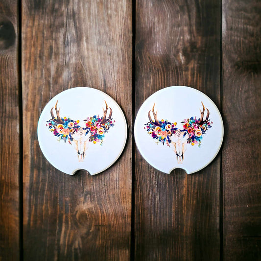 Floral Deer Skull Car Coaster Set